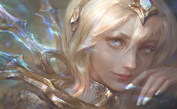 Anime picture 2000x1240 with league of legends lux (league of legends) su-ke (artist) looking at viewer fringe highres short hair blue eyes blonde hair hair between eyes wide image upper body fingernails lips realistic girl hair ornament jewelry