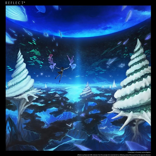 Anime picture 1100x1100 with original rel single from behind night night sky back city flying landscape fantasy space girl skirt uniform school uniform animal water sea bird (birds)
