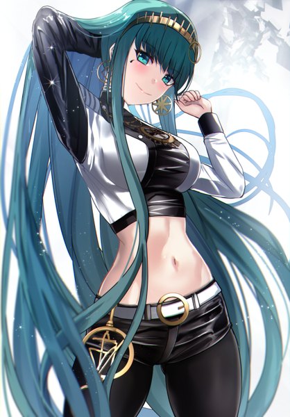Anime picture 994x1428 with fate (series) fate/grand order cleopatra (fate/grand order) untue single tall image looking at viewer blush fringe breasts simple background smile standing green eyes payot very long hair head tilt arm up green hair bare belly