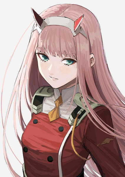 Anime picture 713x1008 with darling in the franxx studio trigger zero two (darling in the franxx) fagi (kakikaki) single long hair tall image fringe simple background white background looking away pink hair upper body blunt bangs horn (horns) aqua eyes girl uniform headband military uniform