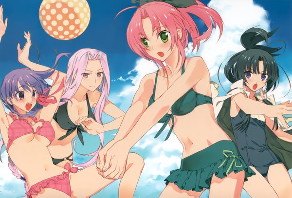 Anime picture 3434x2334 with type-moon highres light erotic black hair multiple girls green eyes pink hair purple hair girl swimsuit 4 girls beachball