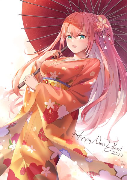 Anime picture 1273x1800 with original sebu illust single long hair tall image fringe open mouth hair between eyes green eyes looking away pink hair ponytail traditional clothes :d japanese clothes floral print new year happy new year 2022 girl