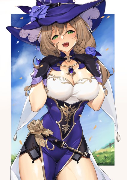 Anime picture 849x1200 with genshin impact lisa (genshin impact) tony guisado single long hair tall image looking at viewer blush fringe breasts open mouth light erotic smile hair between eyes brown hair large breasts standing green eyes signed sky
