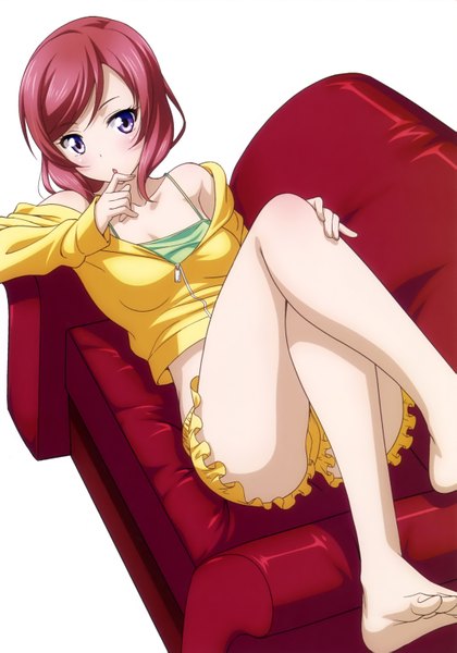 Anime picture 2142x3062 with love live! school idol project sunrise (studio) love live! nishikino maki inou shin single tall image looking at viewer blush highres short hair open mouth simple background white background purple eyes pink hair scan legs crossed legs finger to mouth