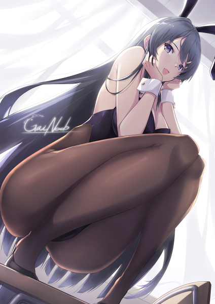 Anime picture 4677x6614 with seishun buta yarou cloverworks sakurajima mai gainoob single long hair tall image looking at viewer highres breasts open mouth light erotic black hair large breasts sitting signed animal ears absurdres ass indoors