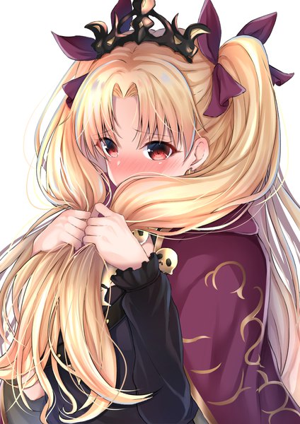 Anime picture 1191x1684 with fate (series) fate/grand order ereshkigal (fate) nakaji (user snap3353) single long hair tall image blush simple background blonde hair red eyes white background looking away upper body two side up embarrassed holding hair girl tiara