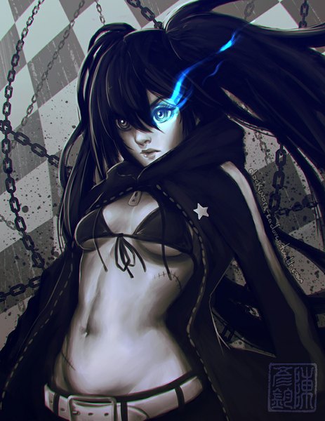 Anime picture 791x1024 with black rock shooter black rock shooter (character) koyoriin single long hair tall image breasts light erotic black hair twintails looking away lips groin glowing glowing eye (eyes) checkered girl navel belt hood
