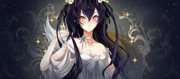 Anime picture 1160x512 with kanonloli single long hair blush open mouth black hair wide image twintails bare shoulders looking away tail animal tail hair flower orange hair multiple tails girl dress hair ornament flower (flowers) white dress