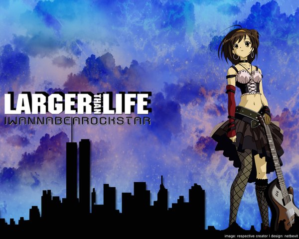 Anime picture 1280x1024 with suzumiya haruhi no yuutsu kyoto animation suzumiya haruhi single brown hair sky cloud (clouds) ahoge city girl thighhighs detached sleeves earrings musical instrument guitar corset