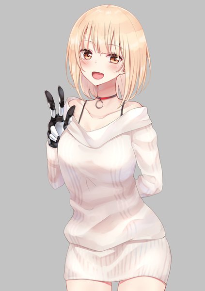 Anime picture 1062x1505 with original piripun single tall image looking at viewer blush fringe short hair open mouth blonde hair standing brown eyes head tilt happy arm behind back girl gloves choker pendant sweater dress