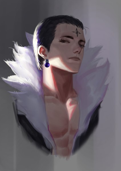 Anime picture 2480x3508 with hunter x hunter chrollo lucilfer stan. single tall image looking at viewer highres short hair black hair simple background upper body sunlight realistic grey background open jacket grey eyes fur trim facial mark portrait muscle