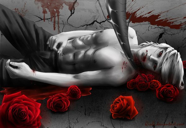 Anime picture 1024x707 with original qiubi single short hair light erotic red eyes white hair lying topless muscle boy flower (flowers) rose (roses) blood