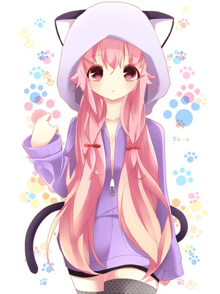 Anime picture 750x1000 with mirai nikki gasai yuno hakumugi single long hair tall image looking at viewer blush fringe light erotic hair between eyes twintails pink hair tail long sleeves animal tail pink eyes cat tail character names low twintails