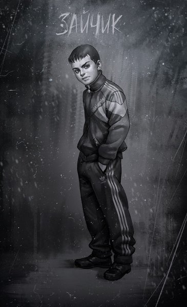 Anime-Bild 609x1000 mit tiny bunny adidas roma (tiny bunny) saikono single tall image looking at viewer short hair standing official art copyright name text monochrome hands in pockets russian brand name imitation boy pants zipper sports jacket