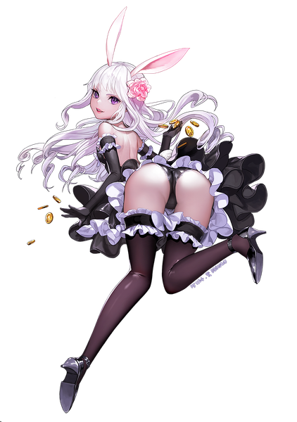Anime-Bild 800x1137 mit original ddongu single long hair tall image open mouth light erotic purple eyes animal ears full body bent knee (knees) ass white hair looking back hair flower from behind bunny ears transparent background girl thighhighs
