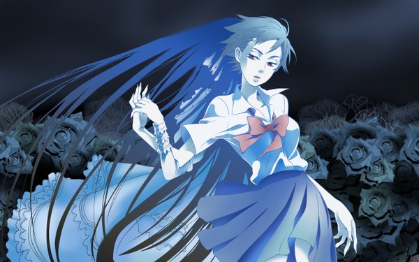 Anime picture 2560x1600 with blood+ production i.g otonashi saya diva (blood+) highres wide image blue background twins vampire multicolored serafuku