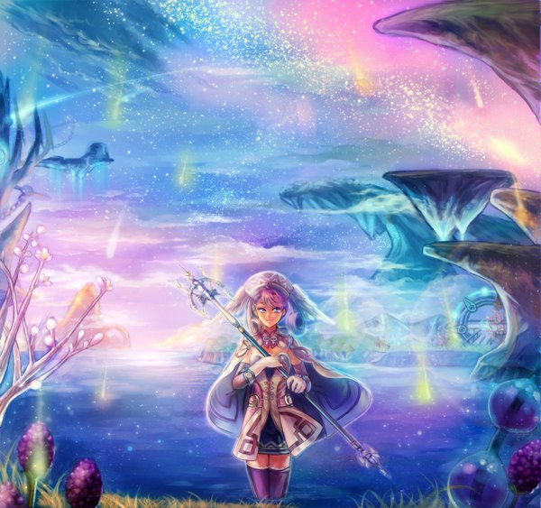 Anime picture 1980x1858 with xenoblade melia antiqua nadir single looking at viewer highres blue eyes smile sky silver hair cloud (clouds) night night sky partially submerged head wings shooting star floating island girl thighhighs skirt