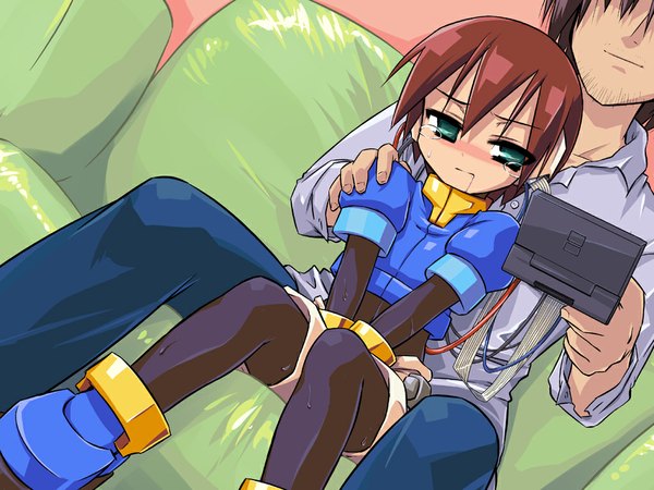 Anime picture 1024x768 with rockman rockman zx aile (rockman) redrantem blush short hair brown hair green eyes tears girl nintendo ds hacking