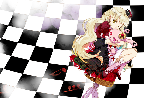 Anime picture 1920x1300 with vocaloid exit tunes mayu (vocaloid) usano mimi fujima takuya single long hair highres blonde hair yellow eyes one eye closed wink checkered background girl dress hat socks toy stuffed animal pink socks