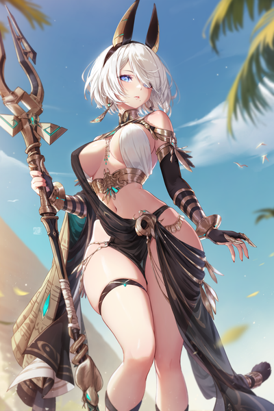Anime picture 4200x6300 with nier nier:automata yorha no. 2 type b mitsu (mitsu art) single tall image looking at viewer blush fringe highres short hair breasts blue eyes light erotic large breasts standing animal ears absurdres sky cloud (clouds)