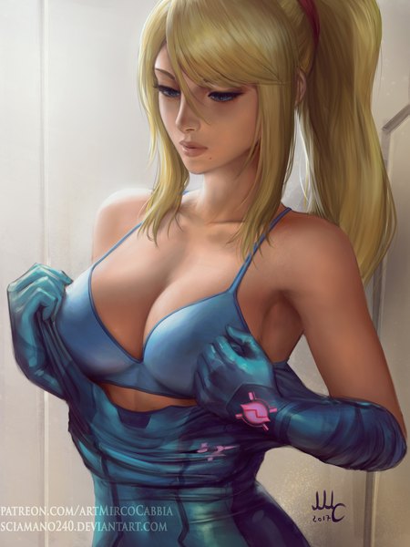 Anime picture 1575x2100 with metroid samus aran sciamano240 single long hair tall image fringe breasts blue eyes light erotic blonde hair hair between eyes large breasts bare shoulders signed payot looking away upper body ponytail lips