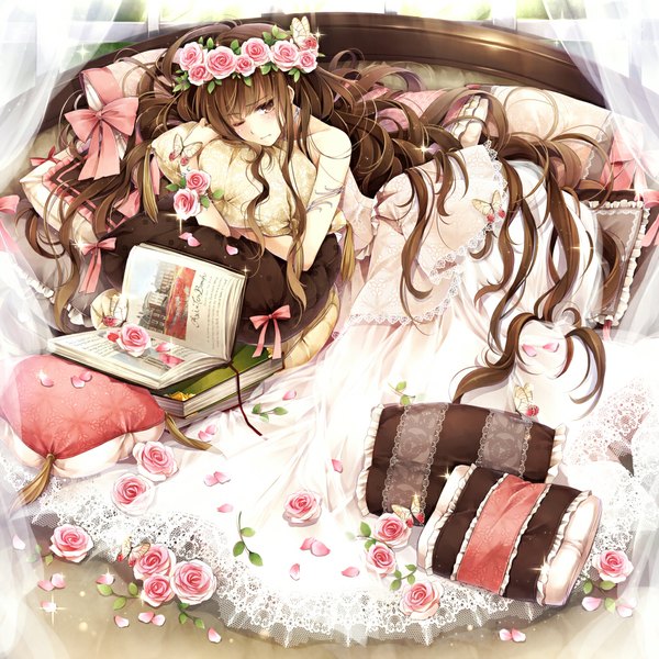 Anime picture 1000x1000 with original hagiwara rin single long hair brown hair brown eyes one eye closed wink girl dress flower (flowers) petals pillow book (books)