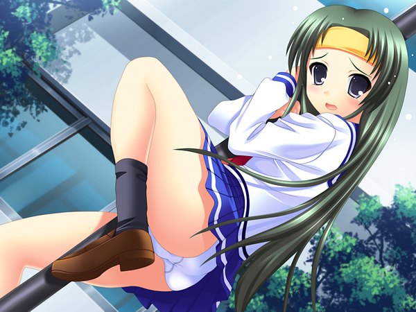 Anime picture 1024x768 with green strawberry long hair light erotic game cg green hair black eyes girl uniform underwear panties school uniform serafuku hairband