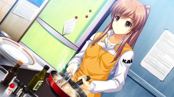 Anime picture 1600x900 with artemis blue long hair brown hair wide image brown eyes game cg cooking girl
