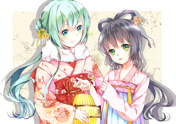 Anime picture 1753x1240 with vocaloid vocaloid china hatsune miku luo tianyi tr (artist) long hair highres open mouth black hair white background multiple girls green eyes traditional clothes japanese clothes aqua eyes aqua hair shadow chinese clothes girl hair ornament