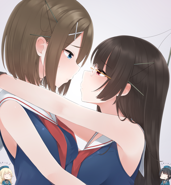 Anime picture 2000x2165 with kantai collection atago heavy cruiser takao heavy cruiser choukai heavy cruiser maya heavy cruiser yukichi (sukiyaki39) long hair tall image blush fringe highres short hair breasts blue eyes simple background smile hair between eyes red eyes brown hair large breasts