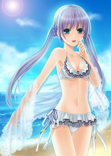 Anime picture 724x1023 with original hua single long hair tall image fringe open mouth blue eyes standing twintails sky purple hair cloud (clouds) sunlight beach low twintails happy horizon girl navel