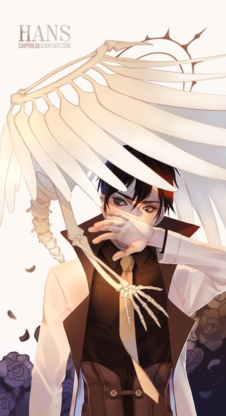 Anime picture 870x1600 with original saiprin single tall image fringe short hair black hair hair between eyes looking away head tilt sunlight grey eyes covering covered mouth white wings skeleton boy flower (flowers) shirt wings