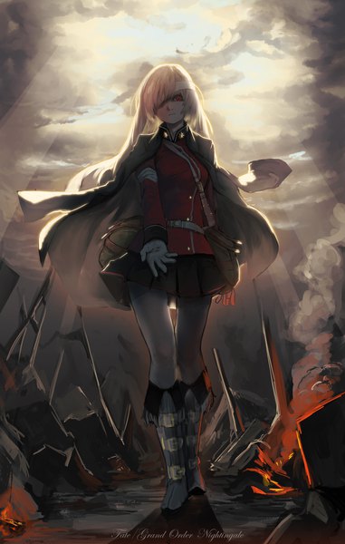 Anime picture 3000x4722 with fate (series) fate/grand order florence nightingale (fate) heoningu single long hair tall image looking at viewer fringe highres breasts hair between eyes red eyes cloud (clouds) full body outdoors white hair pleated skirt sunlight from below