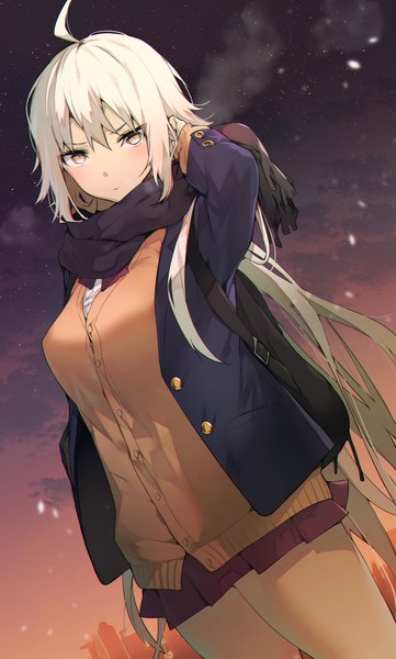Anime picture 1056x1756 with fate (series) fate/grand order jeanne d'arc (fate) (all) jeanne d'arc alter (fate) itohana single long hair tall image looking at viewer blush fringe breasts hair between eyes standing yellow eyes payot cloud (clouds) ahoge white hair pleated skirt