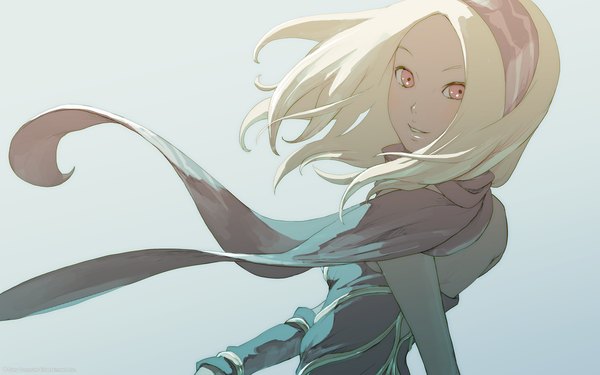 Anime picture 1920x1200 with gravity daze kat (gravity daze) saitou shunsuke single looking at viewer highres short hair open mouth simple background blonde hair smile red eyes bare shoulders looking back wind lips grey background back glow girl