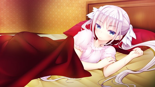 Anime picture 1024x576 with gakuen butou no folklore single long hair looking at viewer blush blue eyes wide image twintails game cg white hair lying girl bow hair bow pillow bed pajamas