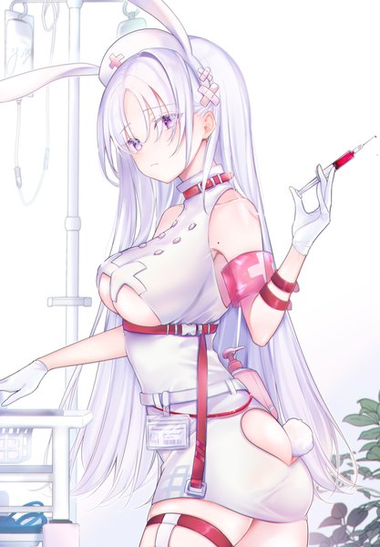 Anime picture 1252x1800 with original yuge (mkmk) single long hair tall image looking at viewer blush fringe breasts light erotic large breasts standing purple eyes bare shoulders holding animal ears payot silver hair ass indoors