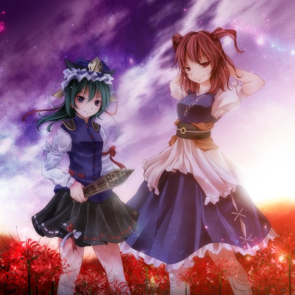 Anime picture 2000x2000 with touhou onozuka komachi shikieiki yamaxanadu s-syogo highres short hair red eyes multiple girls red hair green hair black eyes arms behind head girl dress flower (flowers) 2 girls bonnet higanbana rod of remorse