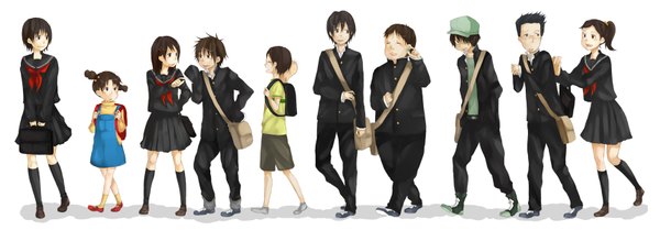 Anime picture 1720x600 with dennou coil madhouse okonogi yuuko hashimoto fumie okonogi kyouko denpa (dennou coil) gachagiri namecchi sawaguchi daichi aiko (dennou coil) harakawa ken'ichi hashimoto akira oyaji (dennou coil) tama (songe) fringe highres short hair black hair brown hair wide image