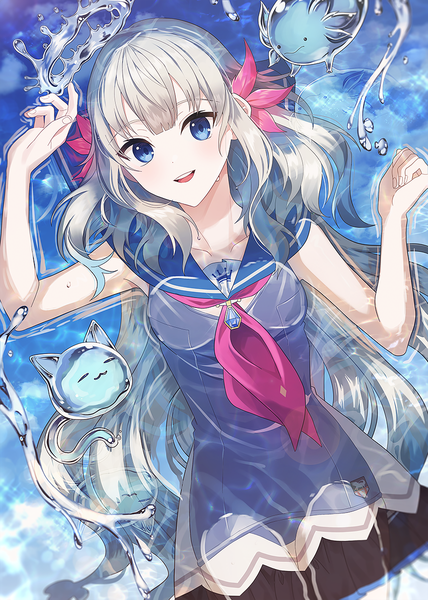 Anime picture 857x1200 with virtual youtuber nijisanji nijisanji kr lee on hina (yys8487) single long hair tall image looking at viewer fringe open mouth blue eyes hair between eyes silver hair :d partially submerged sailor collar girl animal water