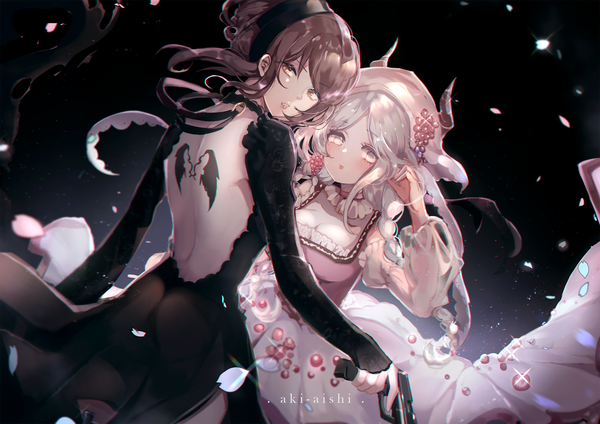 Anime picture 2000x1414 with food fantasy black tea (food fantasy) bavarian milk (food fantasy) akira aishi long hair looking at viewer highres simple background brown hair multiple girls holding brown eyes signed silver hair braid (braids) parted lips looking back arm up from behind sparkle
