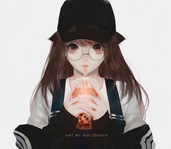 Anime picture 1492x1307 with original aoi ogata single long hair looking at viewer fringe simple background hair between eyes red eyes brown hair holding signed upper body long sleeves girl glasses drink baseball cap drinking straw disposable cup