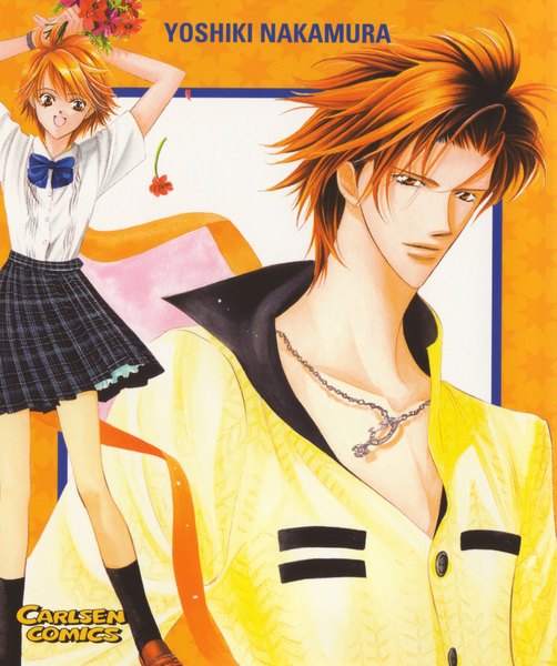 Anime picture 1580x1889 with skip beat! mogami kyoko tsuruga ren tagme (artist) tall image brown hair brown eyes orange hair inscription orange eyes couple plaid skirt framed girl boy uniform flower (flowers) bow school uniform pendant