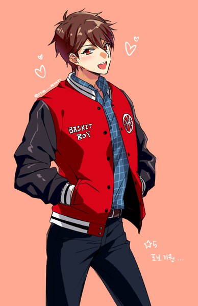 Anime picture 647x1000 with ensemble stars! morisawa chiaki ryuaa single tall image looking at viewer blush fringe short hair simple background hair between eyes red eyes brown hair standing signed open jacket twitter username text open collar hands in pockets