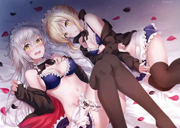 Anime picture 1125x800 with fate (series) fate/grand order artoria pendragon (all) jeanne d'arc (fate) (all) jeanne d'arc alter (fate) artoria pendragon (alter swimsuit rider) (fate) umakuchi shouyu long hair looking at viewer blush fringe short hair breasts open mouth light erotic blonde hair hair between eyes bare shoulders multiple girls signed