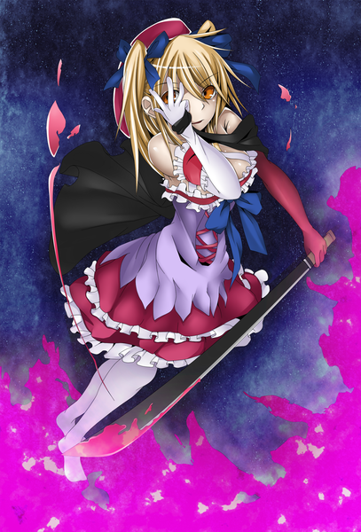 Anime picture 1356x2000 with yuru yuri kore wa zombie desu ka? studio deen doga kobo toshinou kyouko kyouko (kore wa zombie desu ka?) single long hair tall image blonde hair orange eyes cosplay girl dress gloves ribbon (ribbons) weapon hair ribbon sword elbow gloves