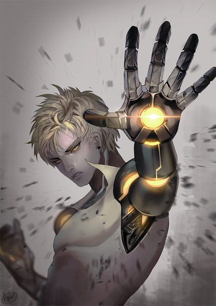 Anime picture 1000x1413 with one-punch man madhouse genos ami (peg325) single tall image looking at viewer short hair simple background blonde hair signed yellow eyes upper body parted lips grey background piercing outstretched arm ear piercing angry mechanical arms