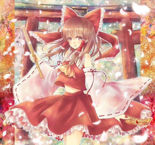 Anime picture 1000x936 with touhou hakurei reimu sato ame single long hair brown hair brown eyes miko girl skirt bow hair bow detached sleeves petals skirt set gohei