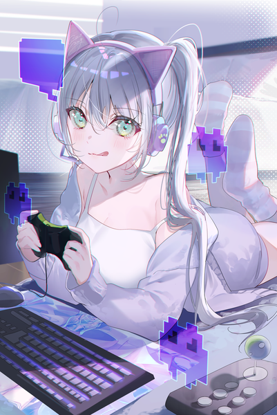 Anime picture 1093x1637 with original miwano rag single long hair tall image looking at viewer blush fringe smile hair between eyes holding green eyes payot silver hair ponytail indoors lying off shoulder no shoes strap slip