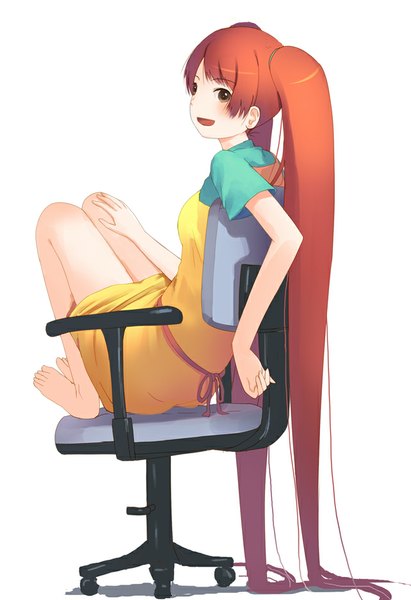 Anime picture 642x936 with original yamamoto shima single tall image blush fringe open mouth simple background white background sitting twintails brown eyes bent knee (knees) very long hair barefoot orange hair bare legs no shoes girl dress